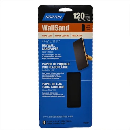 Norton Co 4-3/16" x 11-1/4" WallSand Die-Cut Drywall Sanding Sheets 120-Grit 5Pk 02299